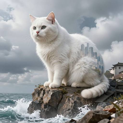 Photorealistic CGI of a white cat with blue eyes sitting on a rocky cliff, waves crashing below, cityscape in the cloudy sky background.