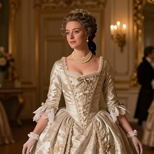 Photorealistic digital painting of a regal, fair-skinned woman with styled hair, wearing an elaborate, cream-colored, satin gown with lace trim