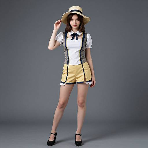 Photograph of a young woman with fair skin, wearing a white blouse, yellow shorts with black trim, black suspenders, black high heels, and