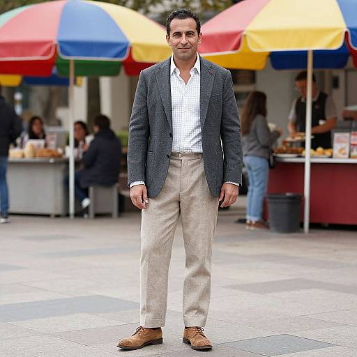 Photograph of a middle-aged man with dark hair, wearing a gray blazer, white checkered shirt, beige pants, and brown shoes, standing