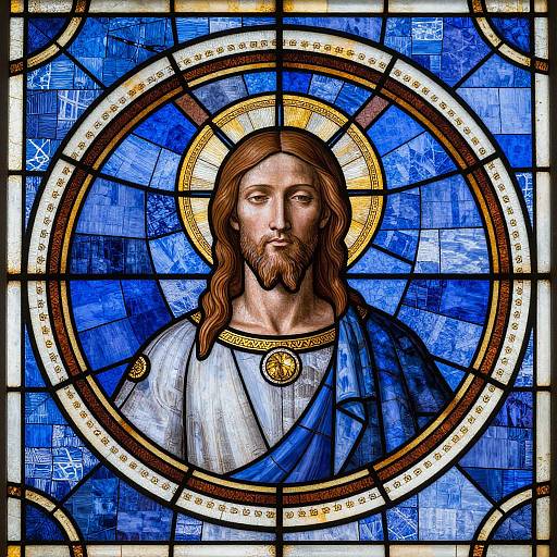 Stained glass depiction of Jesus with long brown hair, beard, and blue robe, surrounded by a golden halo and circular design.