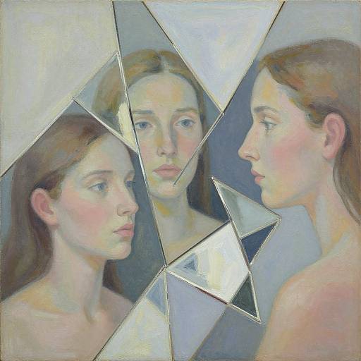 Photograph-style painting of three young women with pale skin and brown hair, fragmented into triangular mirror-like pieces, gazing intently at each other against