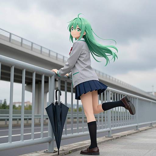 Anime Girl Leaning on Metal Railing