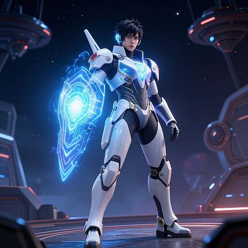 CGI image of a confident, black-haired person in white and black futuristic armor, wielding a glowing blue energy shield, in a sci-fi spacecraft setting