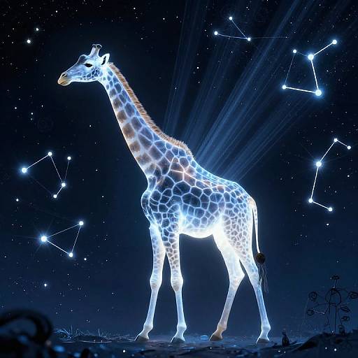 Digital artwork of a glowing giraffe with neon patterns against a starry night sky, featuring constellation lines radiating from its back.