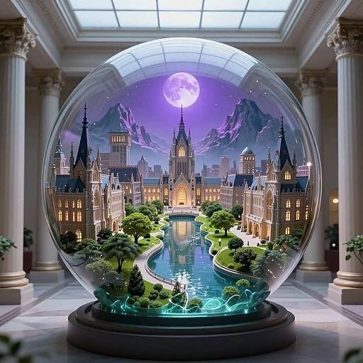 Photorealistic digital artwork of a snow globe featuring a glowing, fairy-tale castle with mountains, moonlit sky, and a winding green path by