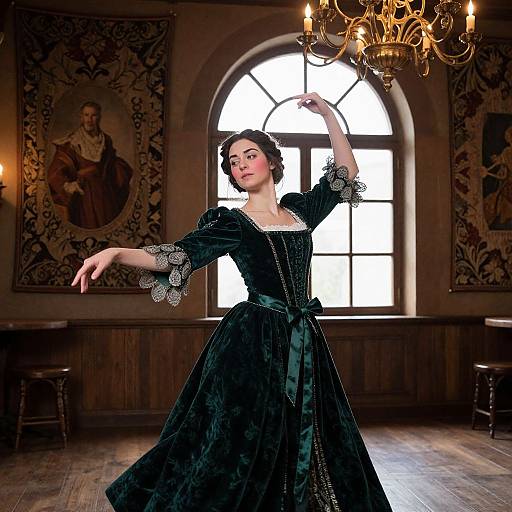 Photograph of a fair-skinned woman in a black velvet Renaissance dress, posing elegantly in a dimly lit, ornate room with a large