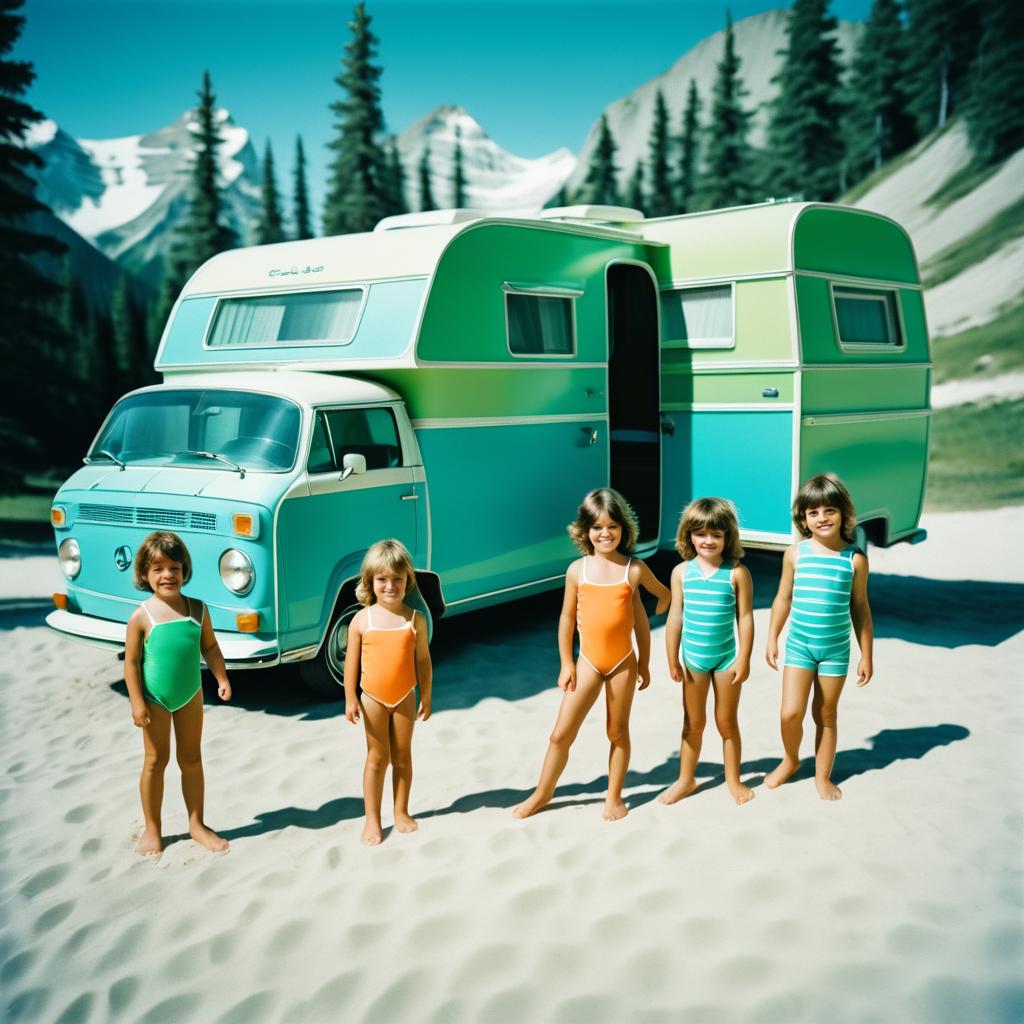 1970s Beachgoers in Banff Mountains