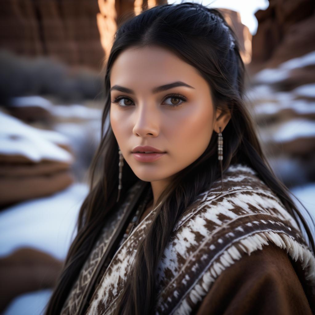 Elegant Native American Woman in Winter Canyon