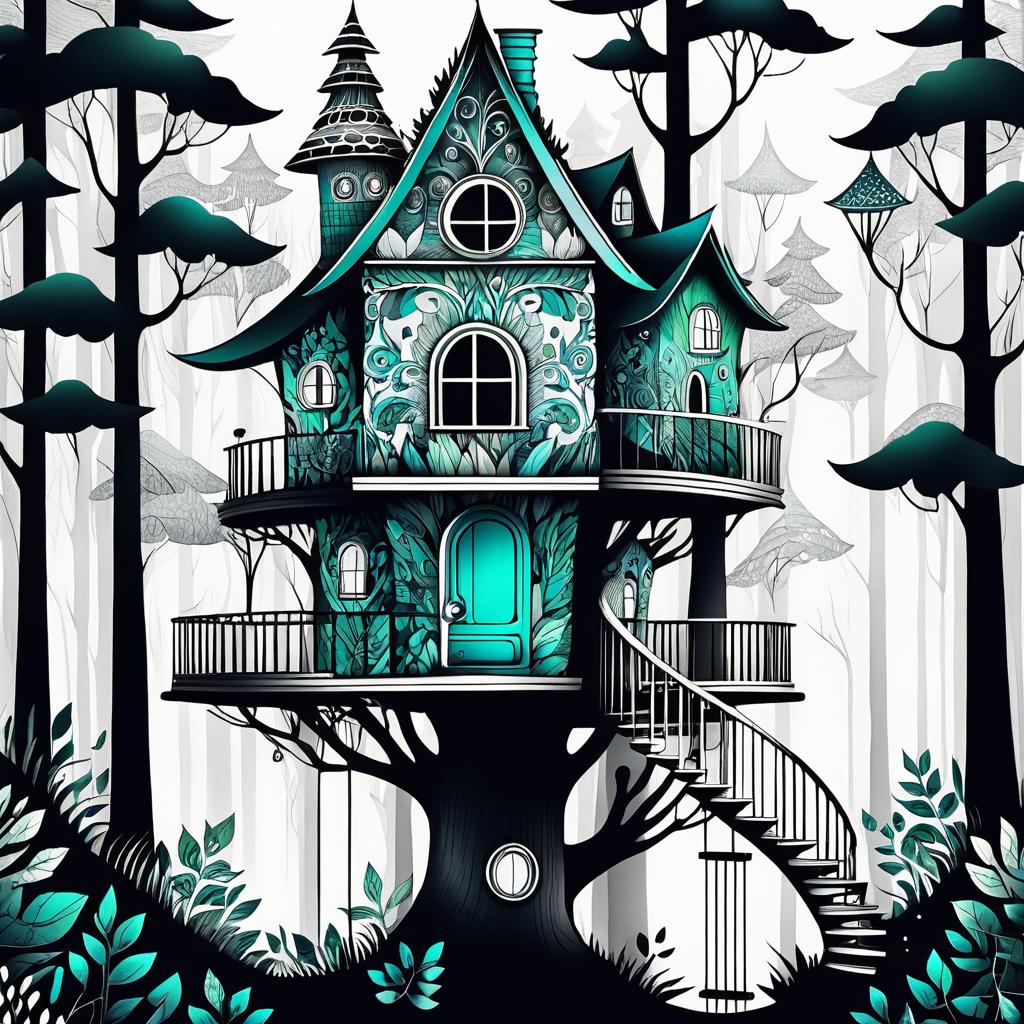 Whimsical Treehouse Illustration in Ink