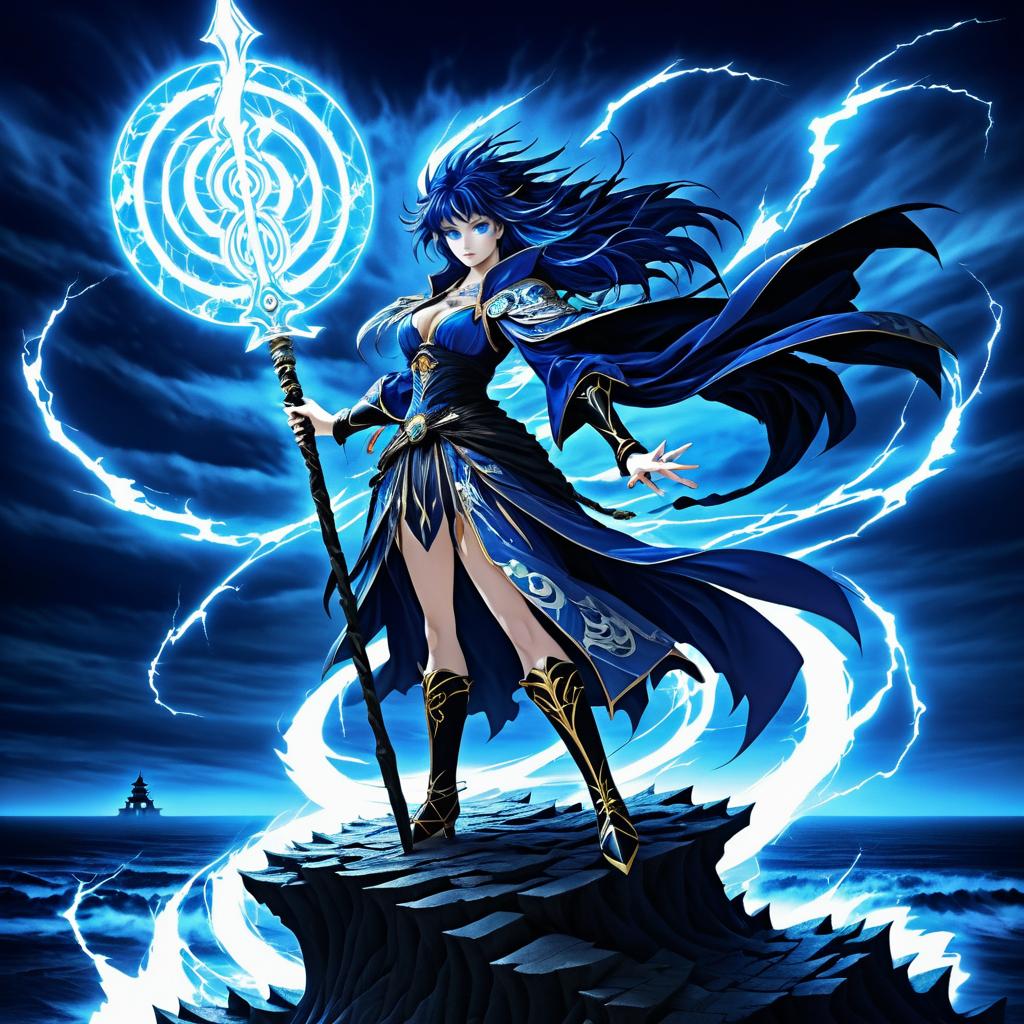 Sorceress on Tower Overlooking Stormy Sea