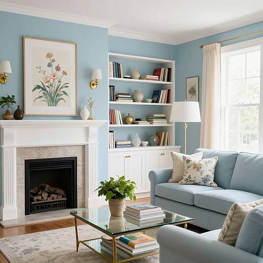 Bright living room photograph with blue walls, white fireplace, blue sofa, bookshelves, floral painting, glass coffee table, potted plant, and