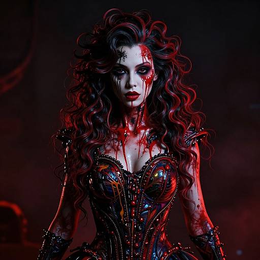 Gothic-style photograph of a woman with long, curly red-black hair, blood-streaked white face, and a dark, ornate,