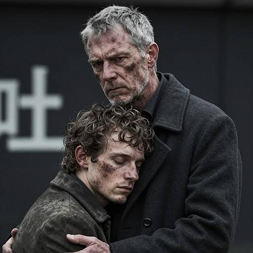 Intense Embrace of Two Weathered Men