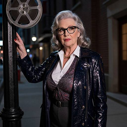 Photograph of an elderly woman with silver hair, black glasses, sequined jacket, white blouse, and black dress, touching a street lamp at night