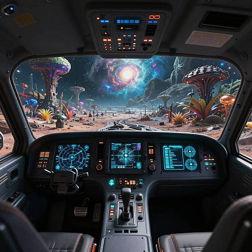 Sci-Fi Cockpit Over Alien Landscape