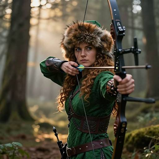 Photorealistic CGI of a fierce, curly-haired woman in green medieval archer attire with fur hood, aiming a bow in a sunlit forest.