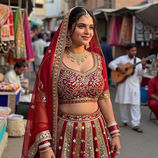 Photograph of a young South Asian woman in a vibrant red and gold traditional lehenga choli, with a matching veil, standing in a bustling market