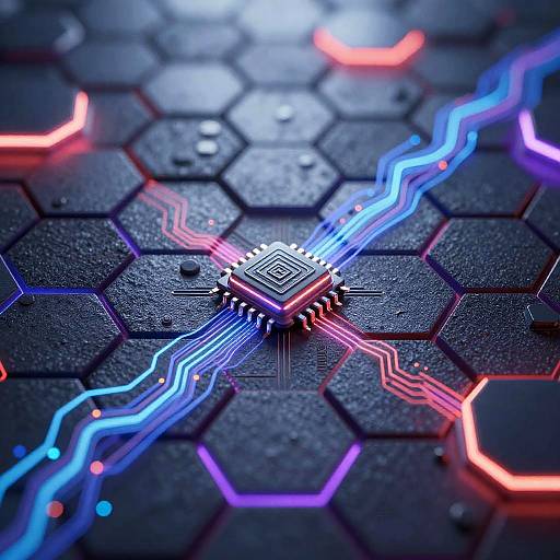 Digital artwork of a glowing, black hexagonal circuit board with a central chip, surrounded by colorful blue, red, and purple neon lines.