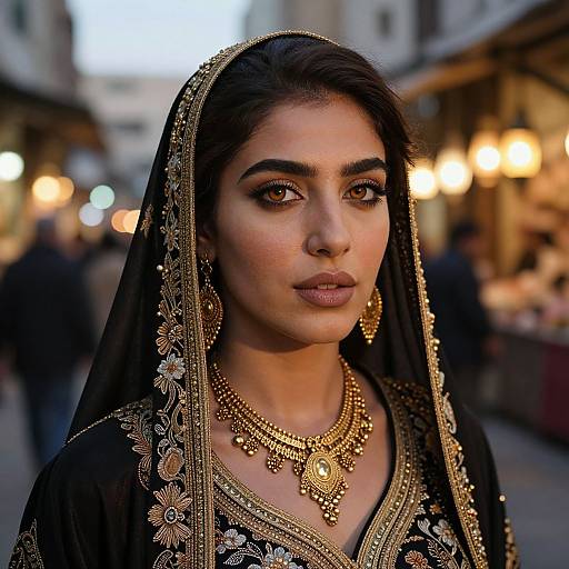 Photograph of a beautiful South Asian woman with dark hair, brown eyes, wearing a black embroidered dupatta, gold jewelry, and traditional attire in a