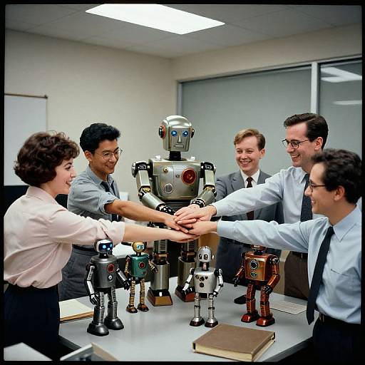 Photograph of six diverse professionals in white shirts and ties, smiling and shaking hands around a table with various robots.