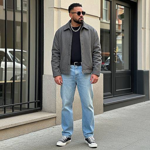 Photograph of a stylish Black man with short curly hair, beard, sunglasses, gray jacket, black shirt, blue jeans, black sneakers, standing on