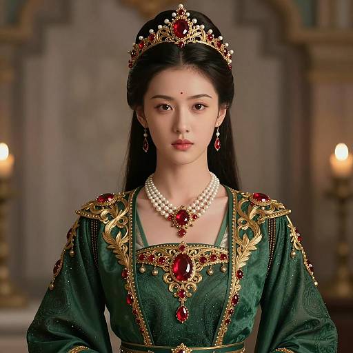 Young Asian Woman in Regal Green Medieval-Inspired Dress