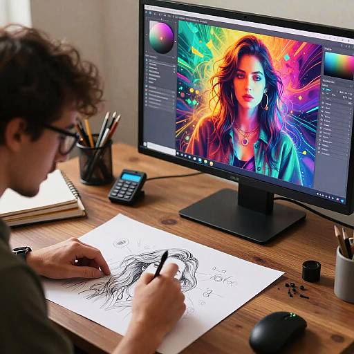 Photograph of a curly-haired artist with glasses drawing a black line sketch on paper, inspired by a vibrant, colorful digital portrait on a computer monitor.