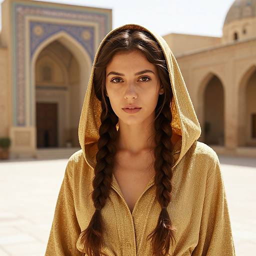 Photograph of a young woman with long, braided brown hair, wearing a golden, textured hooded robe, standing in front of a sunlit
