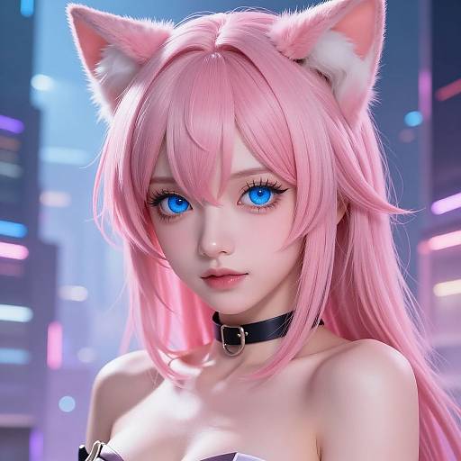 Digital art of a pink-haired anime girl with blue eyes, cat ears, black collar, and bare shoulders, set in a neon-lit city.