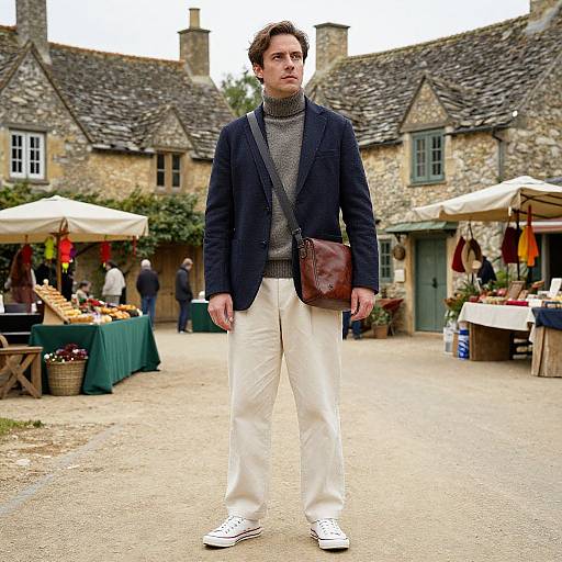 Photograph of a stylish man in a navy blazer, grey sweater, white pants, white shoes, brown satchel, standing in a rustic