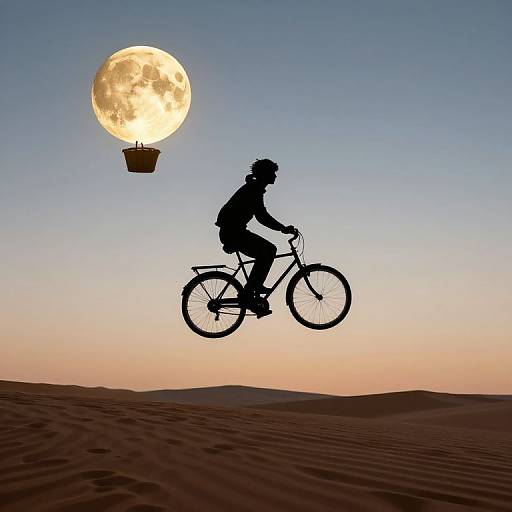 Silhouetted cyclist with backpack jumps on bike, carrying basket, against glowing full moon and gradient sky over desert dunes.