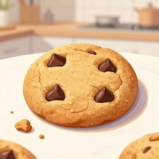 Photograph of a golden-brown chocolate chip cookie with four dark chocolate chunks, on a white plate, in a softly blurred kitchen.
