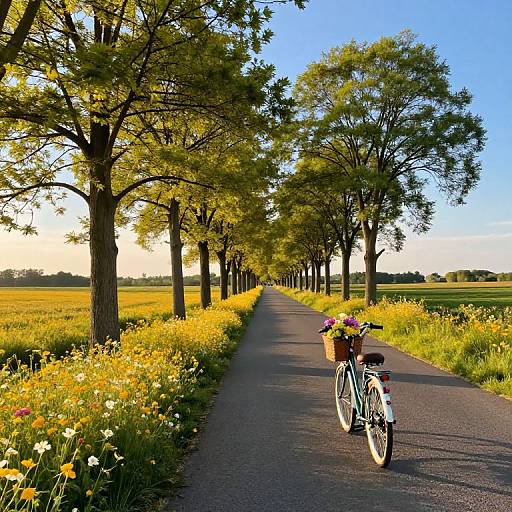 Photograph of a sunlit country road lined with trees, bright yellow wildflowers, and a white bicycle with a basket of flowers.