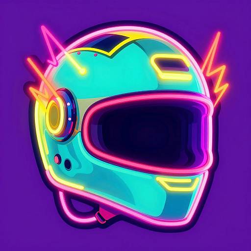 Neon-lit, vibrant blue and cyan motorcycle helmet with pink and yellow accents, black visor, and orange spikes on a purple background. Digital