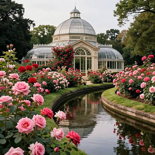 Photograph of a glass-domed greenhouse surrounded by vibrant pink and red roses, with a curved reflecting pond in front.