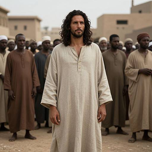 Photograph of a bearded man with long black hair, wearing a white, long-sleeved, traditional tunic, standing in front of a
