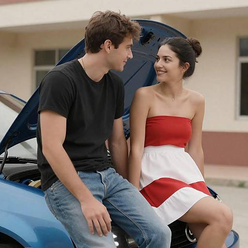 Couple Smiling on Blue Car Hood