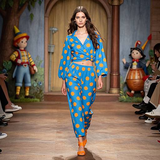 Photograph of a model with long brown hair, wearing a blue, orange polka dot outfit and orange shoes, walking on a wooden stage with vintage