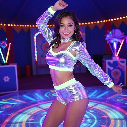 Photograph of a smiling woman with long dark hair, wearing shiny silver crop top and high-waisted shorts, dancing under neon lights in a colorful