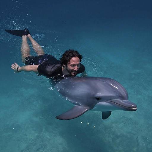 Photograph of a bearded man with dark hair swimming with a dolphin in clear, blue ocean water, wearing a black wetsuit.