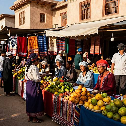 Vibrant photograph of a bustling outdoor market with women in traditional attire selling colorful textiles and fresh fruits, surrounded by historic buildings.