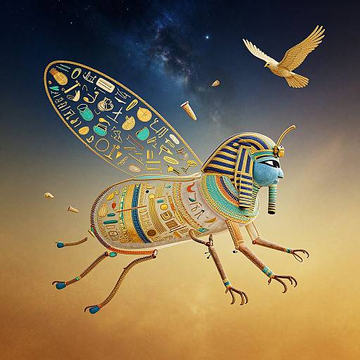 Digital artwork of a colorful, intricately patterned, insect-like creature with Egyptian motifs, hovering against a gradient sky, with a flying bird above.