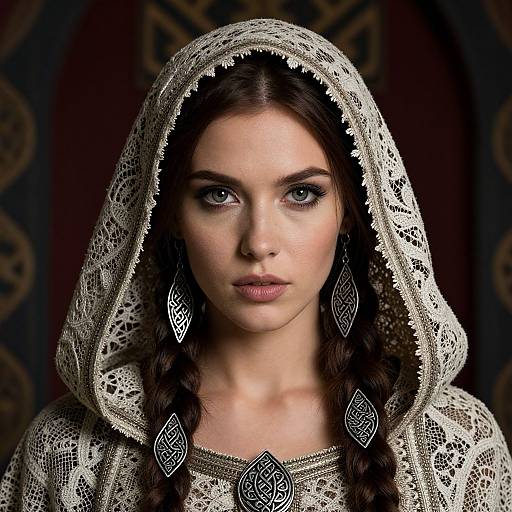 Photograph of a fair-skinned woman with blue eyes, wearing a white lace hooded dress, braided hair, and intricate silver earrings, against