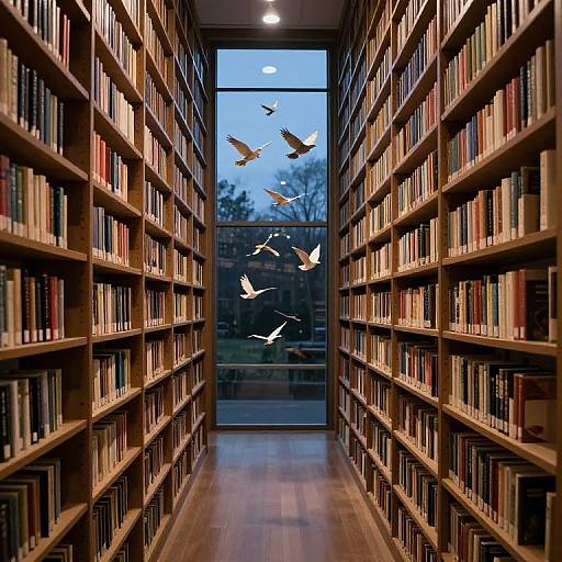 Photograph of a wooden library aisle with shelves of books on both sides, a window at the end, and flying birds.