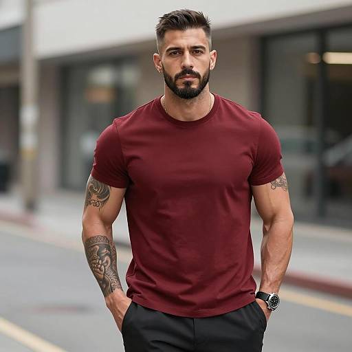 Muscular man in red shirt with tattoos