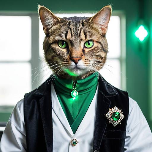 Stylish Cat in Lab Coat with Green Eyes