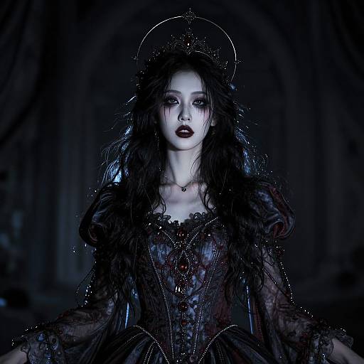 Photograph of a pale, dark-haired woman with dramatic makeup, wearing a black, lace, gothic dress and halo, set against a dark,
