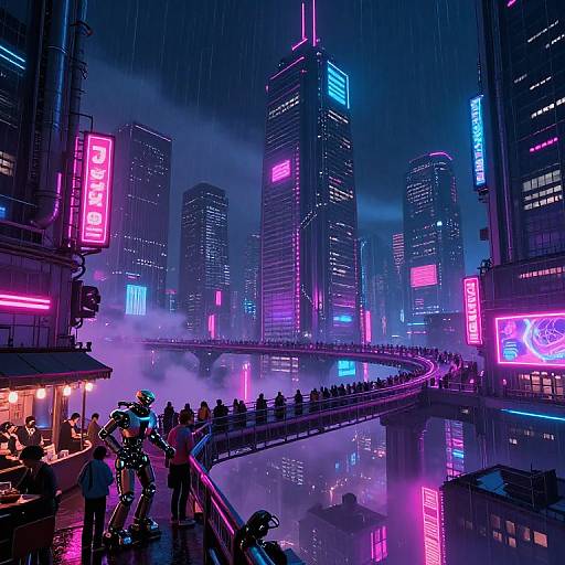 Neon-lit, cyberpunk cityscape at night with glowing skyscrapers, a misty river, crowded bridge, and vibrant neon signs.
