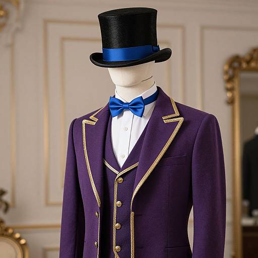Photograph of a white-faced mannequin in a purple velvet tuxedo with gold trim, blue bow tie, and black top hat with blue